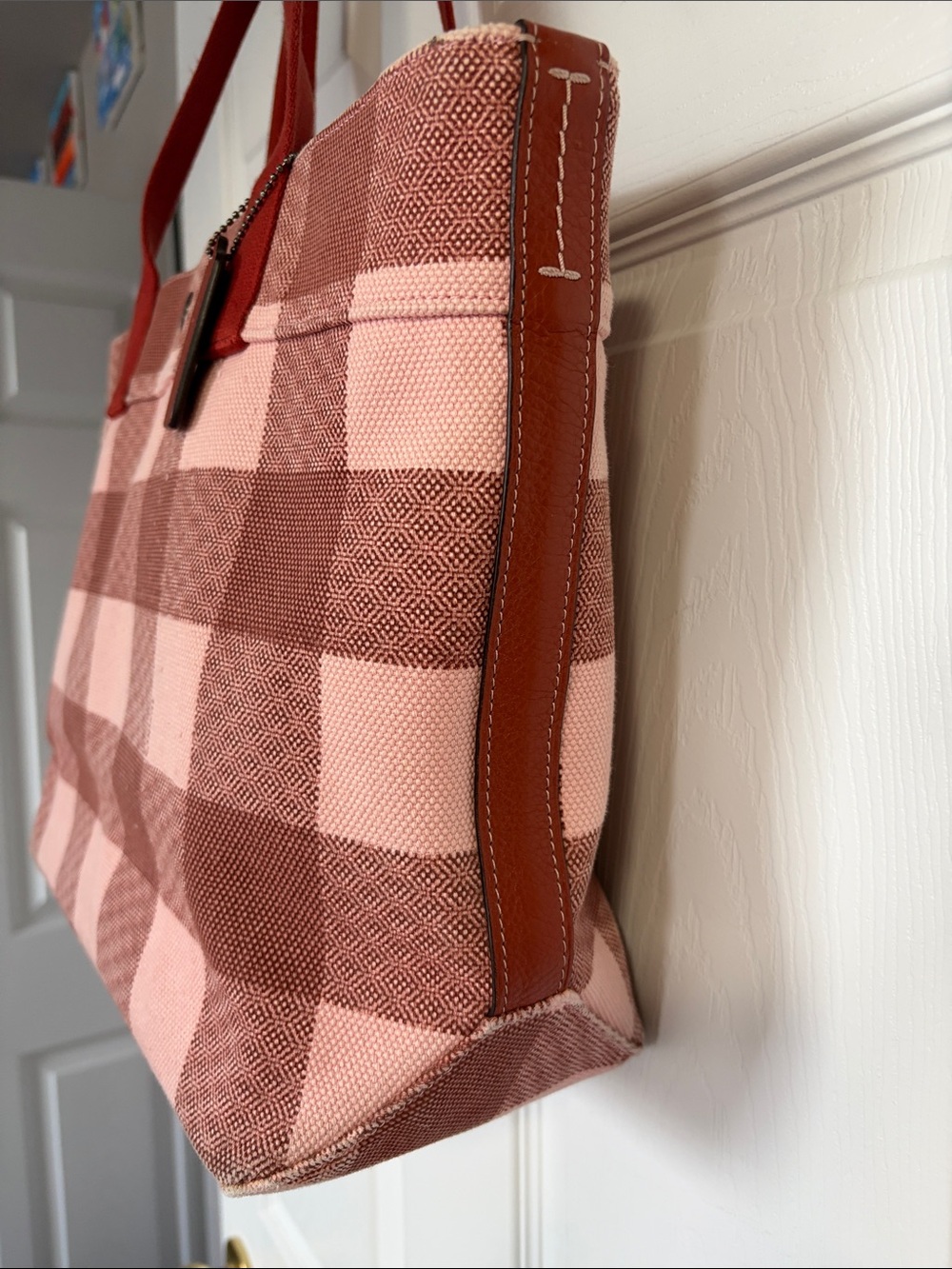 Coach Red and Pink Checkered Tote - Picture 2 of 13